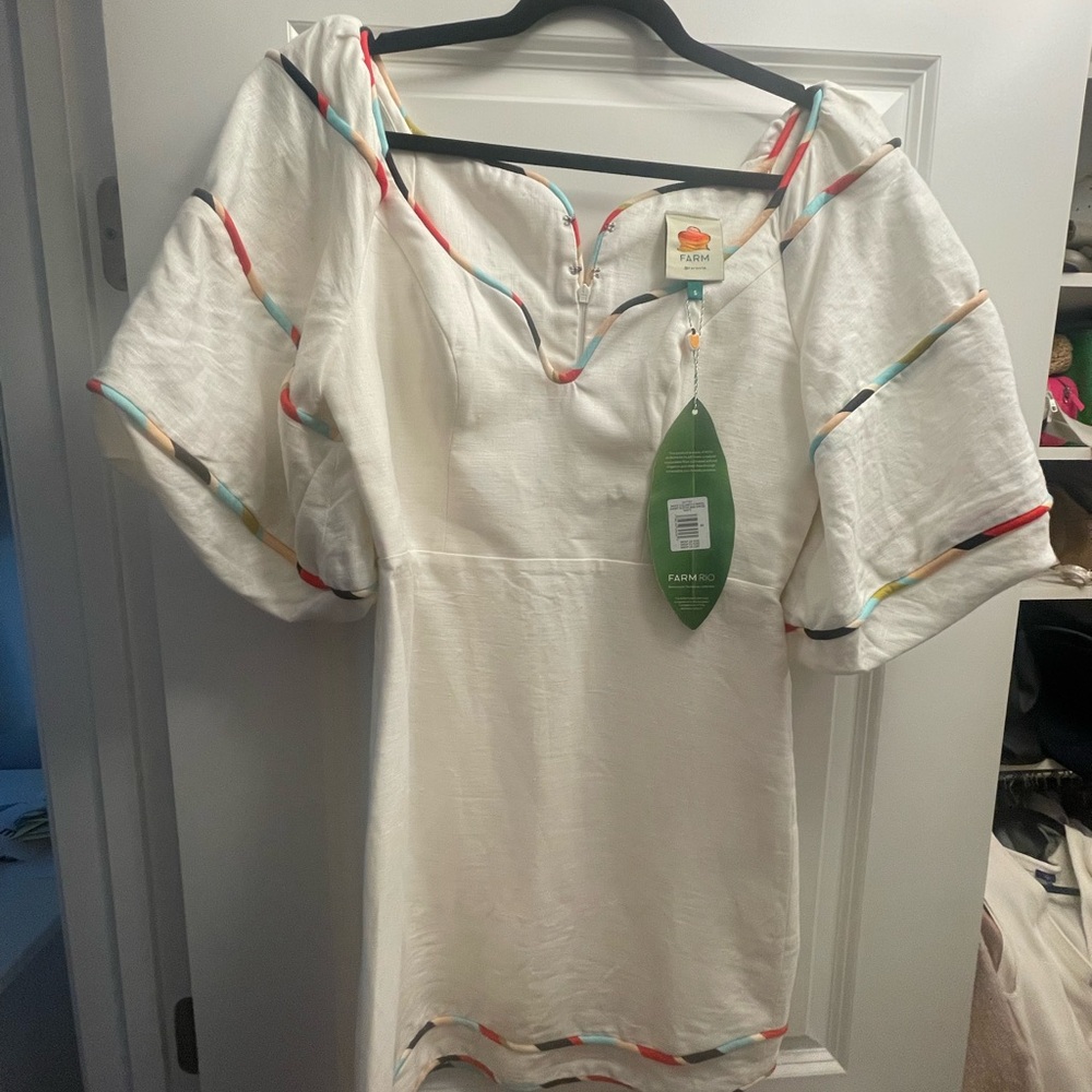 Farm Rio Women's White dress with Multicolor Piping